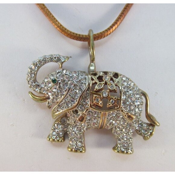 Vintage Rhinestone Good Luck Elephant Combo Brooch Pendant Necklace - Picture 2 of 16